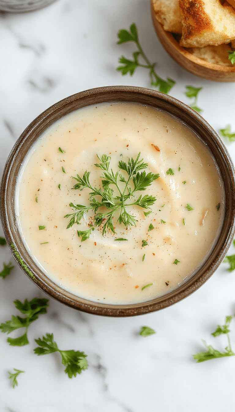 A vibrant bowl of creamy potato leek soup garnished with chopped fresh herbs, served in a rustic white bowl on a wooden surface, with steam rising and a knife and extra leeks in the background, showcasing the rich texture and fresh ingredients.