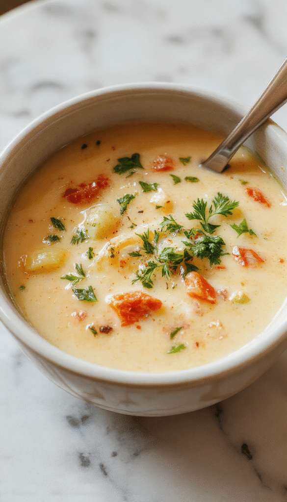 A bowl of creamy vegetable soup with a smooth, velvety texture, garnished with fresh herbs. The soup is vibrant orange and green from carrots, zucchini, and spinach, served in a rustic white bowl on a wooden table with a spoon.