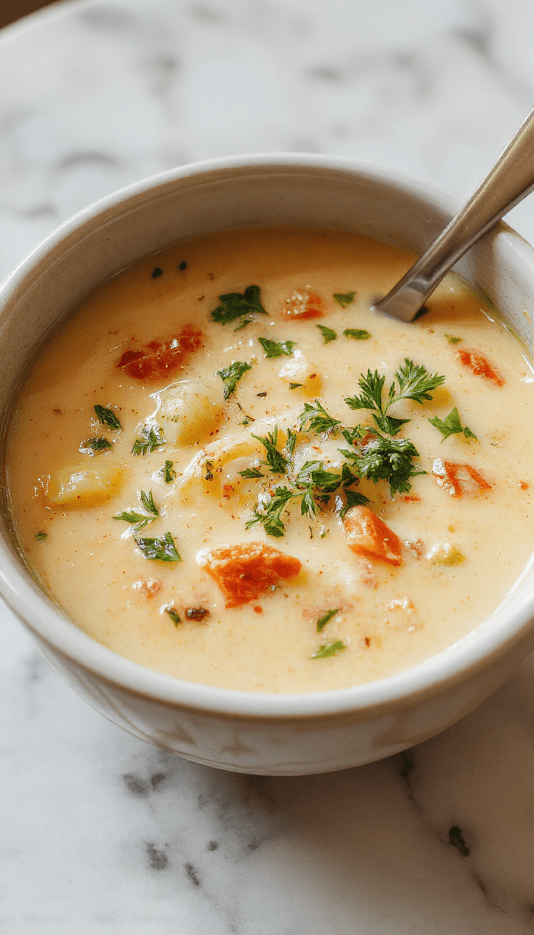A bowl of creamy vegetable soup with a smooth, velvety texture, garnished with fresh herbs. The soup is vibrant orange and green from carrots, zucchini, and spinach, served in a rustic white bowl on a wooden table with a spoon.