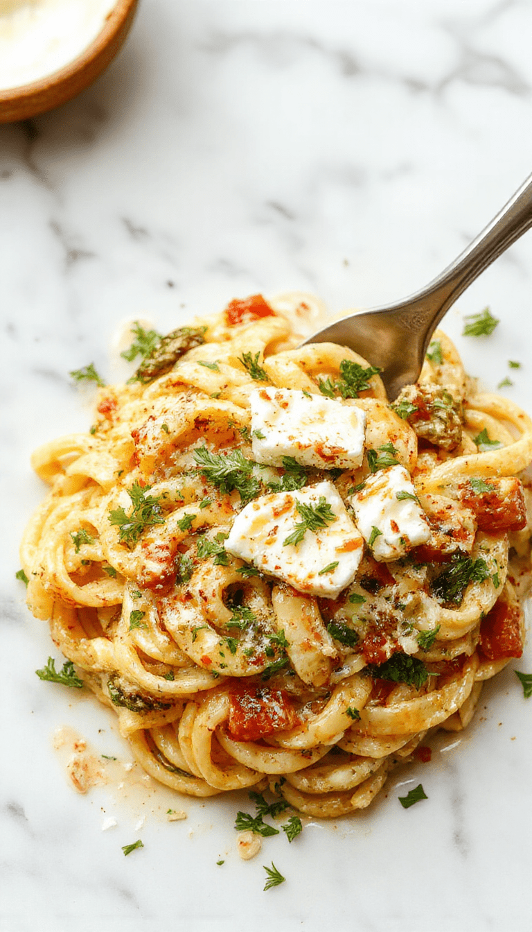 Colorful veggie pasta topped with golden baked feta cheese, garnished with fresh herbs on a rustic white plate, with vibrant cherry tomatoes, spinach, and bell peppers, styled for a fresh, inviting presentation
