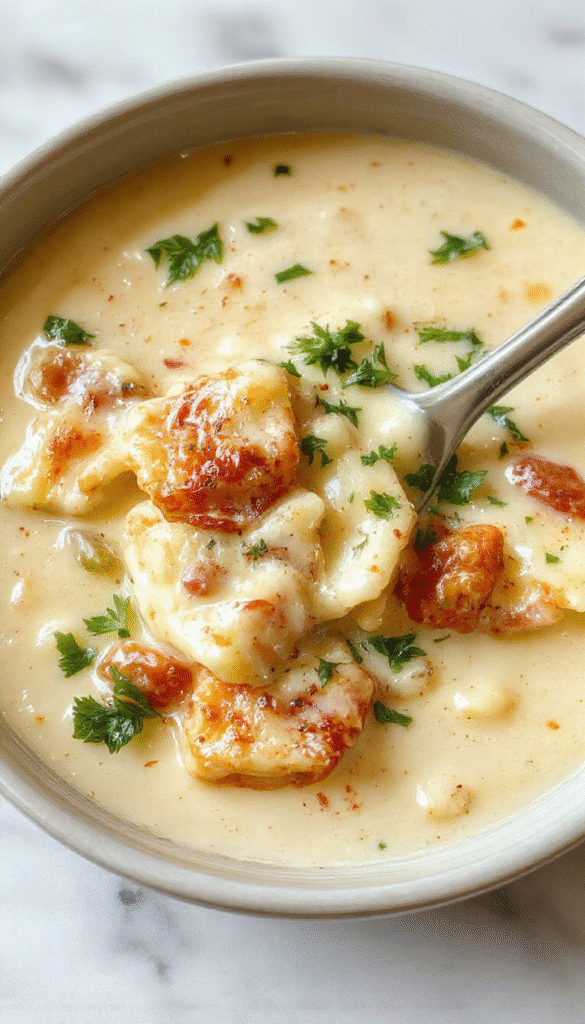 A vibrant bowl of white lasagna soup topped with fresh basil, melted cheese, and crispy breadcrumbs. The creamy soup has a smooth texture with visible layers of shredded chicken, spinach, and melted cheese, garnished beautifully with parsley and a drizzle of cream. The bowl is set on a rustic wooden table with a spoon resting beside it, inviting comfort and warmth.