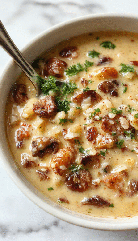 A vibrant bowl of creamy wild rice and mushroom soup on a rustic wooden table, garnished with fresh herbs and sliced mushrooms, with steam rising and a spoon resting beside it.