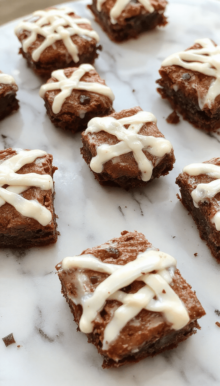 Colorful Halloween-themed brownies decorated as mummies with white icing bandages, chocolate eyes, and a spooky orange background, beautifully presented on a white plate with festive decor