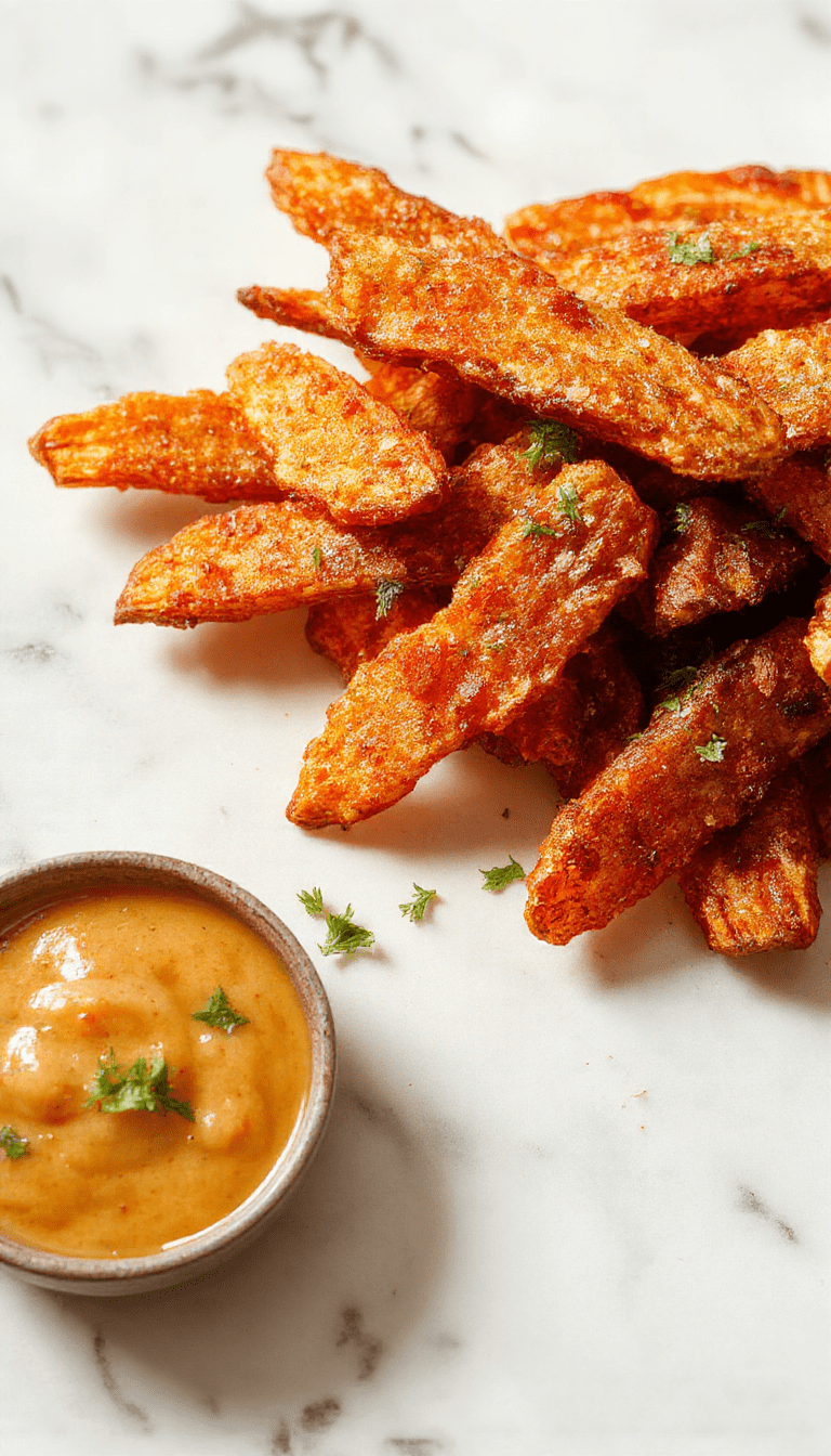 A plate of golden crispy oven baked sweet potato fries garnished with fresh herbs on a rustic wooden table, showcasing their crunchy texture and vibrant orange color with a slight sheen from olive oil.