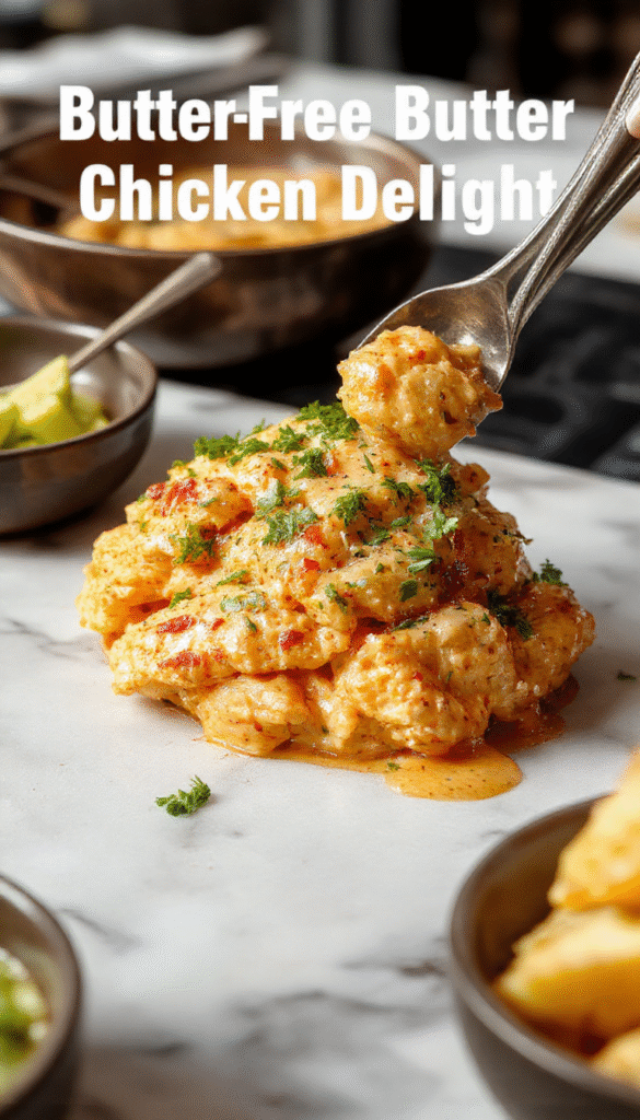 A vibrant bowl of dairy free butter chicken featuring tender pieces of chicken coated in a rich, creamy orange sauce garnished with fresh cilantro and served on a rustic wooden table with naan bread in the background.