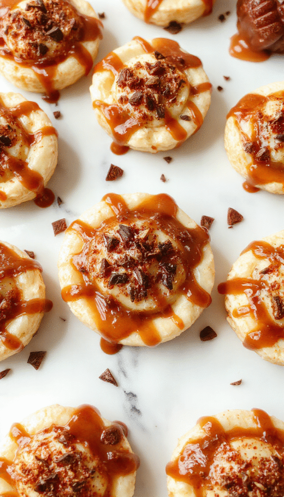A vibrant white dessert bowl filled with creamy caramel apple cheesecake dip garnished with caramel drizzle, chopped apples, and crushed cookies, set on a rustic wooden platter with fresh apple slices and cinnamon sticks in the background.