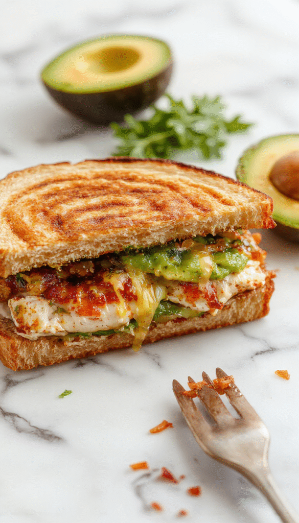 A close-up of a freshly prepared Chicken Avocado Melt Sandwich with golden toasted bread, creamy avocado slices, melted cheese, and crispy chicken pieces, served on a rustic wooden plate with fresh herbs and a side of salad.
