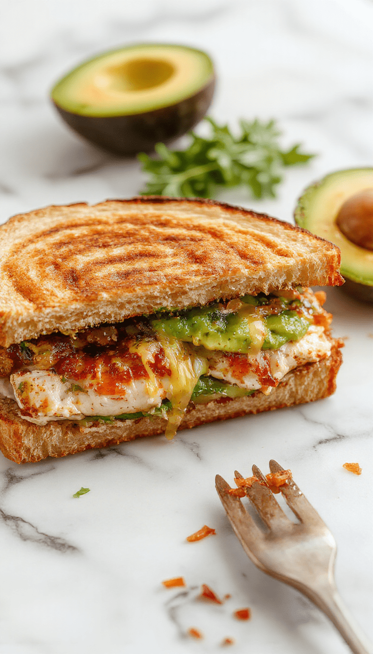 A close-up of a freshly prepared Chicken Avocado Melt Sandwich with golden toasted bread, creamy avocado slices, melted cheese, and crispy chicken pieces, served on a rustic wooden plate with fresh herbs and a side of salad.