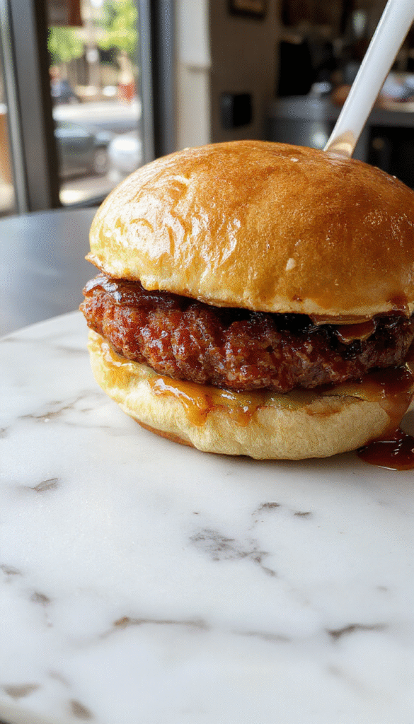A close-up of a sizzling patty melt on a cast iron skillet, showcasing golden-brown toasted rye bread, melted cheddar cheese, a juicy beef patty, caramelized onions, and crisp pickles, topped with fresh lettuce and tomato slices, styled on a rustic wooden board with a side of crispy potato chips.