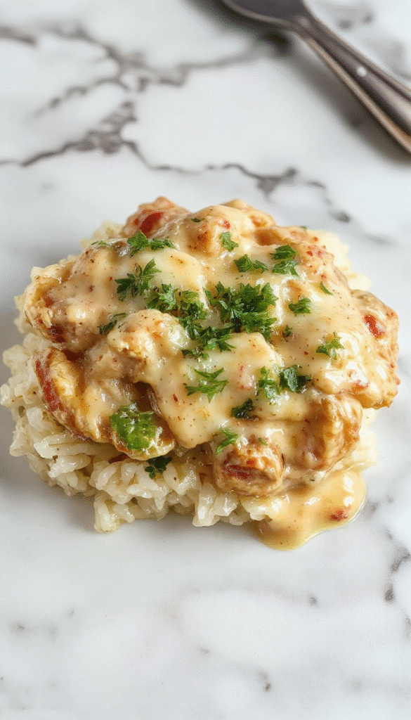 A close-up of a creamy chicken and rice dish served in a rustic white bowl. The dish features tender chicken smothered in a rich, glossy sauce with fluffy rice, garnished with chopped parsley and herbs. The vibrant colors of the sauce contrast with the white rice, creating an appetizing and inviting presentation. The background shows a wooden table with a spoon and a sprig of herbs, styled in a cozy, home-cooked setting.