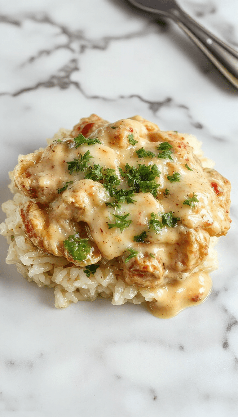 A close-up of a creamy chicken and rice dish served in a rustic white bowl. The dish features tender chicken smothered in a rich, glossy sauce with fluffy rice, garnished with chopped parsley and herbs. The vibrant colors of the sauce contrast with the white rice, creating an appetizing and inviting presentation. The background shows a wooden table with a spoon and a sprig of herbs, styled in a cozy, home-cooked setting.