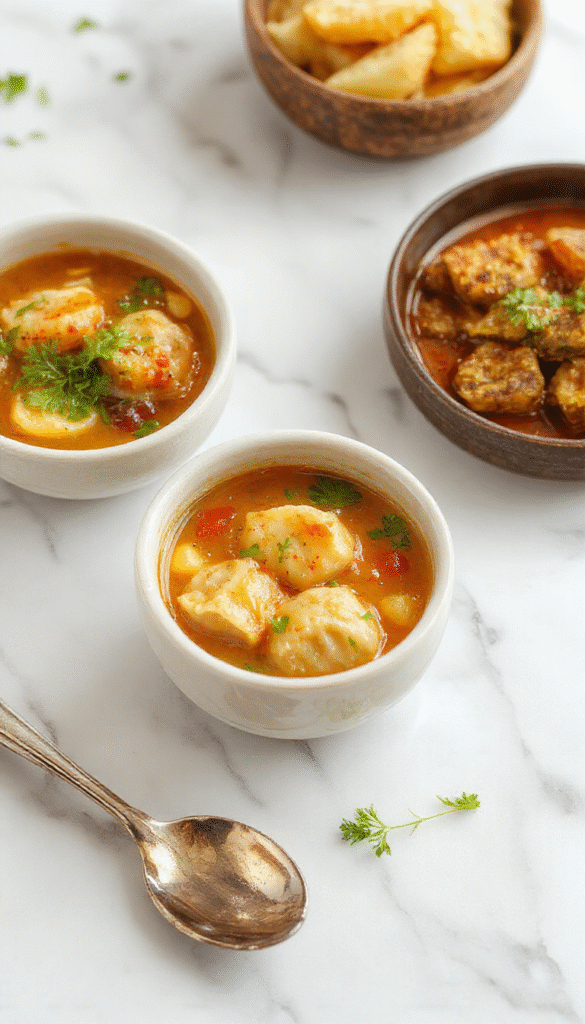 A vibrant bowl of curry dumpling soup showcasing golden-brown dumplings floating in a rich, spicy curry broth, garnished with fresh herbs and colorful vegetables, styled on a rustic wooden table with steam rising, emphasizing warmth and inviting flavors.