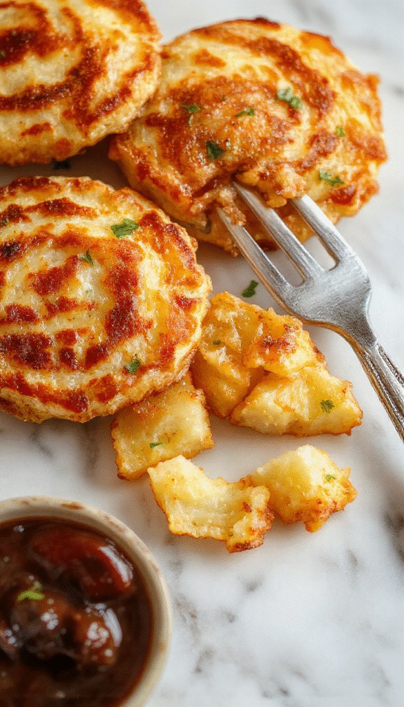 Golden-brown German potato pancakes arranged on a rustic wooden plate, topped with chopped fresh herbs and served alongside a dollop of sour cream, with a textured crispy exterior and tender interior, garnished with lemon wedges and pepper for a vibrant presentation.