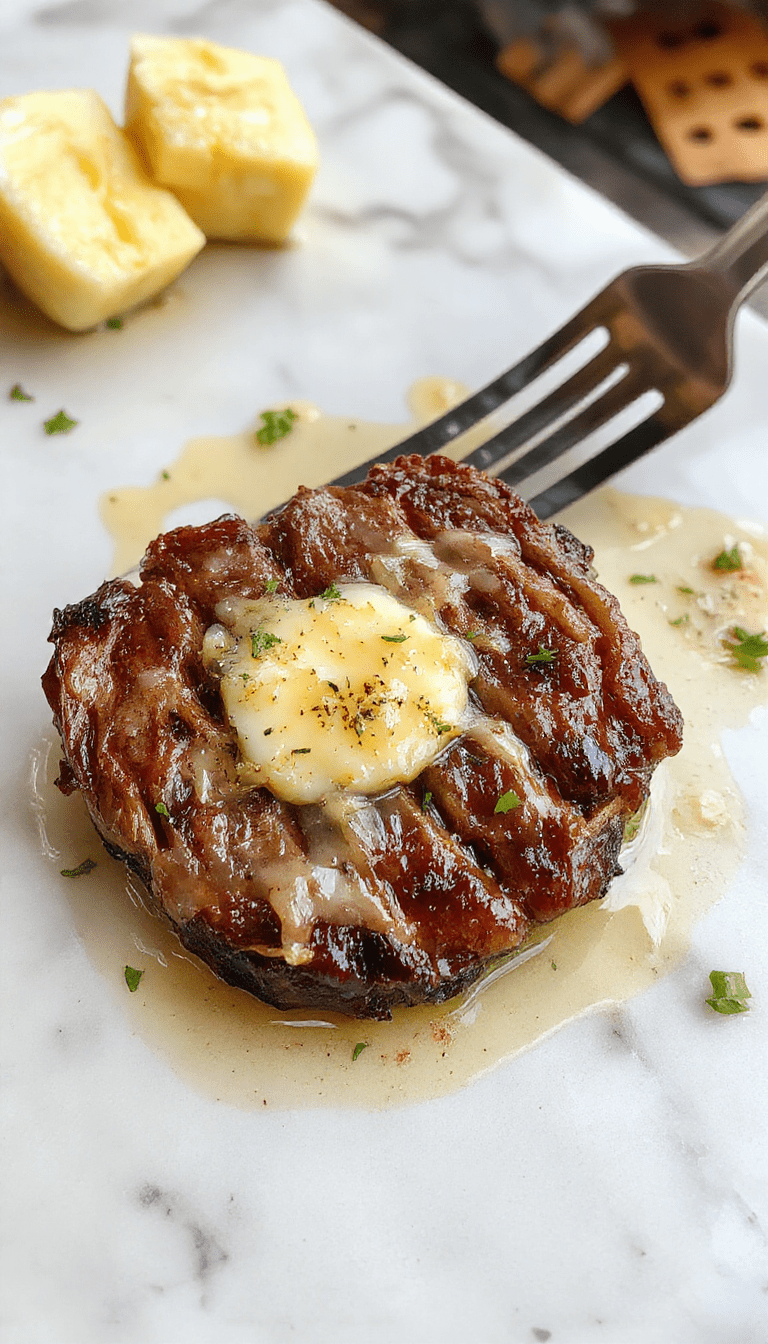 A perfectly cooked, juicy pan-seared steak with a golden-brown crust, topped with a glossy, creamy butter sauce. The plate is elegantly styled with fresh herbs and a side of vegetables, emphasizing the rich textures and inviting aroma.