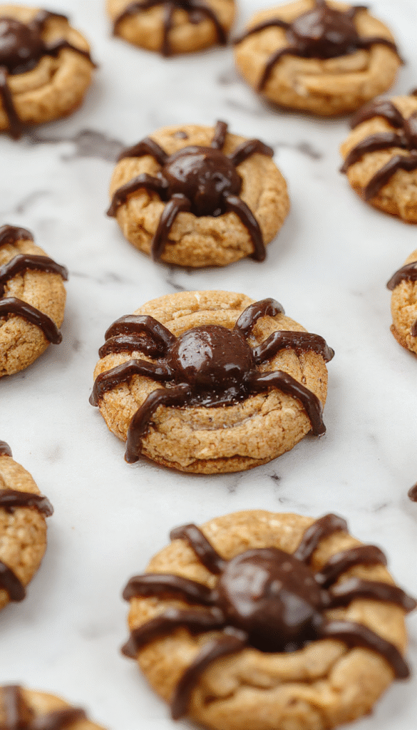 Colorful peanut butter spider cookies placed on a white plate, decorated with chocolate for spider legs and small candy eyes, showcasing smooth peanut butter dough and intricate spider design, styled with a rustic wooden background
