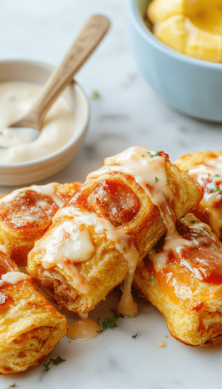 Colorful plate of golden-brown sausage-filled French toast roll-ups garnished with powdered sugar and fresh berries, arranged on a white dish with a syrup drizzle, styled with a napkin and silverware, vibrant and appetizing presentation