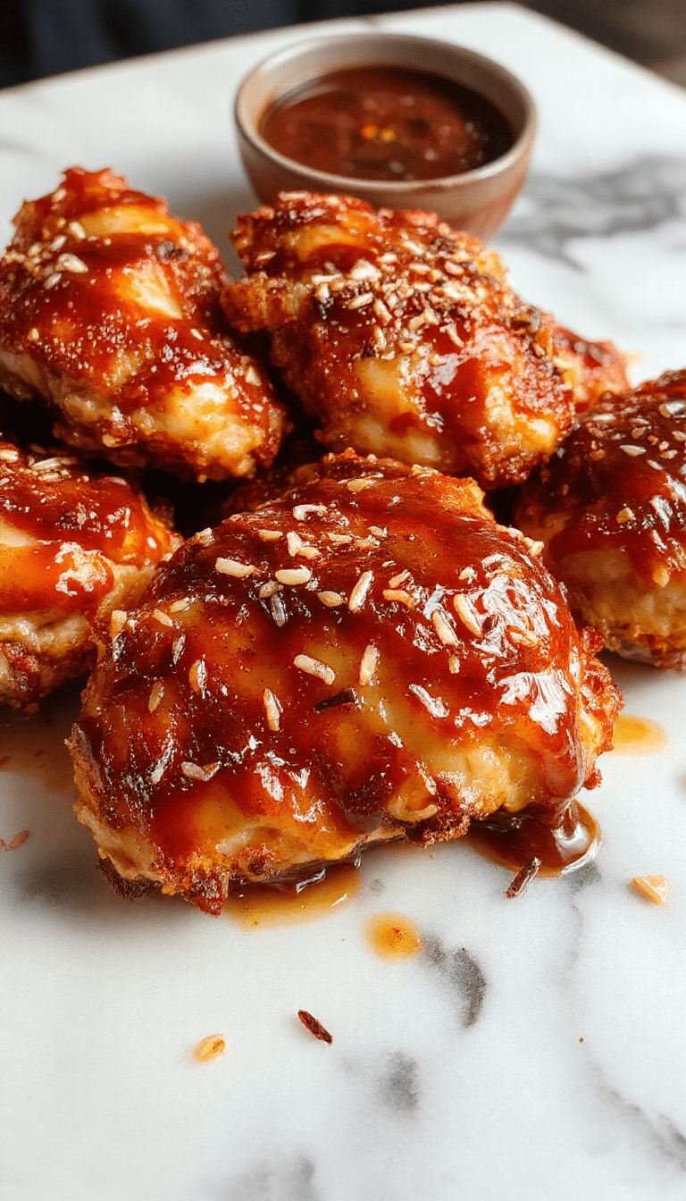 A vibrant close-up of crispy sesame chicken on a white plate, coated in a glossy sticky glaze and sprinkled generously with toasted sesame seeds, garnished with sliced green onions and colorful peppers, styled on a rustic wooden table