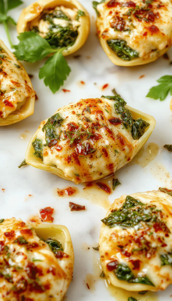 A vibrant plate of baked spinach and ricotta stuffed shells garnished with fresh herbs served in a white ceramic dish, with golden melted cheese bubbling on top, surrounded by fresh spinach leaves and a sprinkle of grated Parmesan, styled on a rustic wooden table with a soft-focus background.