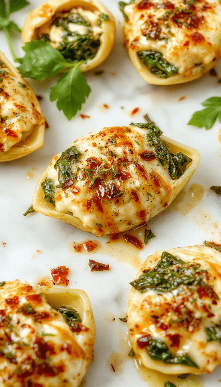A vibrant plate of baked spinach and ricotta stuffed shells garnished with fresh herbs served in a white ceramic dish, with golden melted cheese bubbling on top, surrounded by fresh spinach leaves and a sprinkle of grated Parmesan, styled on a rustic wooden table with a soft-focus background.