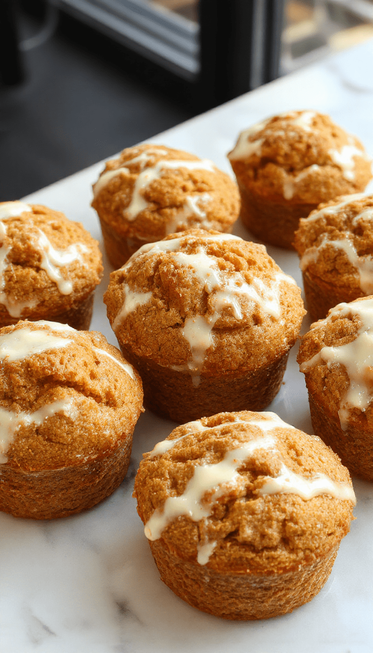 A close-up of freshly baked Starbucks pumpkin cream cheese muffins on a rustic wooden table, topped with a swirl of cream cheese frosting and sprinkled with cinnamon, showcasing their golden-brown exterior and soft, moist interior with a hint of pumpkin color and creamy filling.