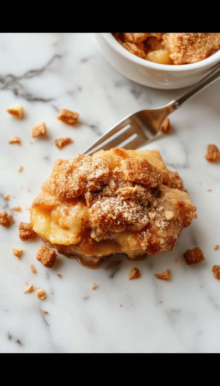 A close-up of a golden-brown apple crisp in a rustic baking dish topped with a flaky crumble streusel, served with a scoop of vanilla ice cream on a wooden table with autumn leaves in the background.