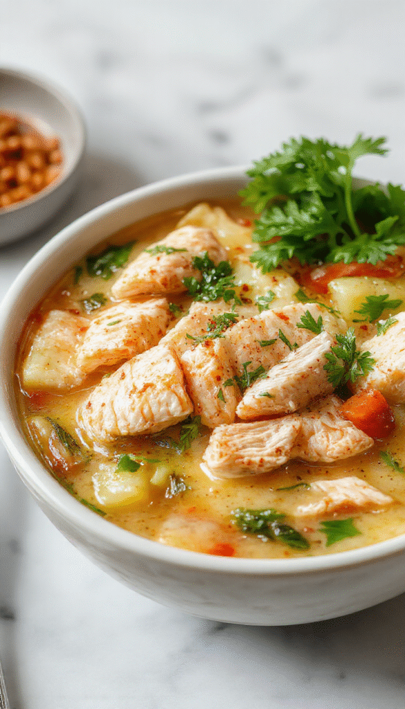 A vibrant bowl of chicken pho featuring tender slices of chicken, rice noodles, fresh basil, lime wedges, and sliced jalapenos, all beautifully arranged on a rustic wooden surface with steam rising, highlighting the rich broth's golden hue and fresh herbs for a hearty, savory presentation.