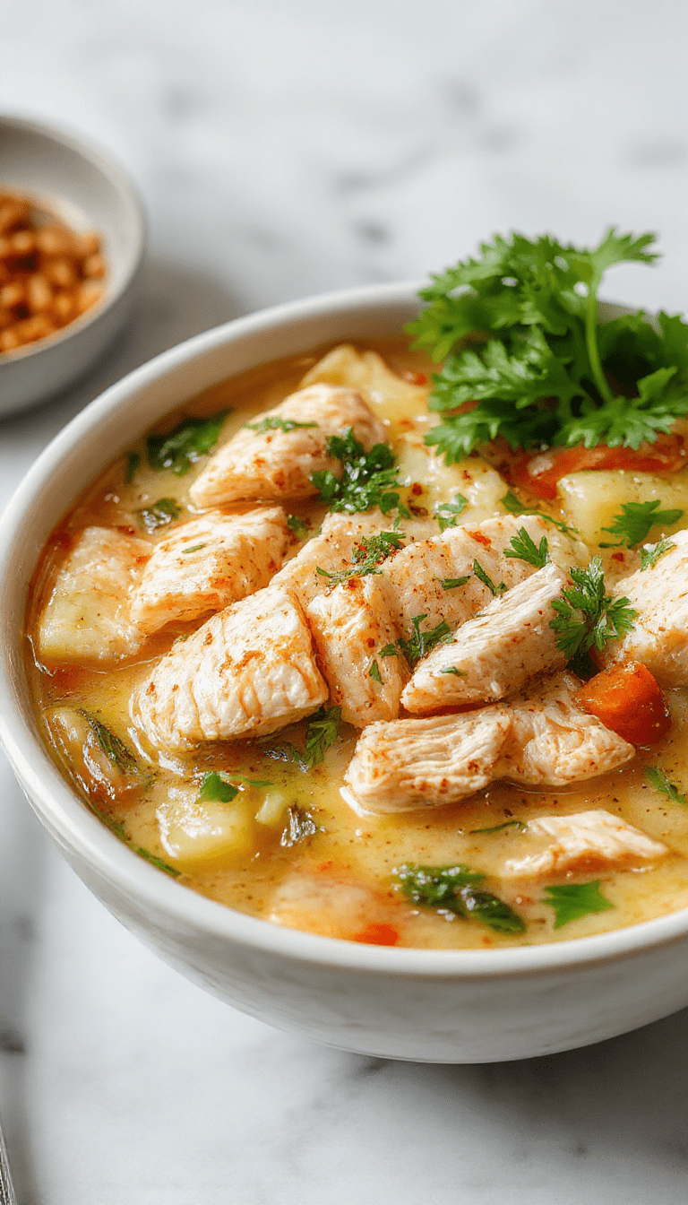 A vibrant bowl of chicken pho featuring tender slices of chicken, rice noodles, fresh basil, lime wedges, and sliced jalapenos, all beautifully arranged on a rustic wooden surface with steam rising, highlighting the rich broth's golden hue and fresh herbs for a hearty, savory presentation.