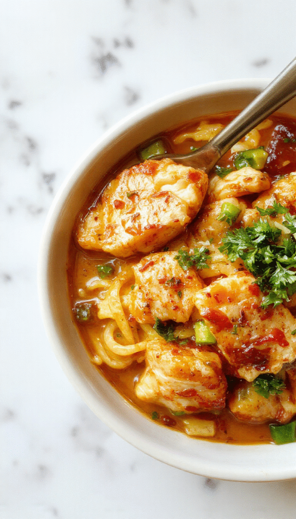 A colorful plate featuring tender sliced chicken and wavy ramen noodles coated in a glossy stir-fry sauce, garnished with chopped green onions and sesame seeds, presented on a rustic wooden table with vibrant vegetables in the background.