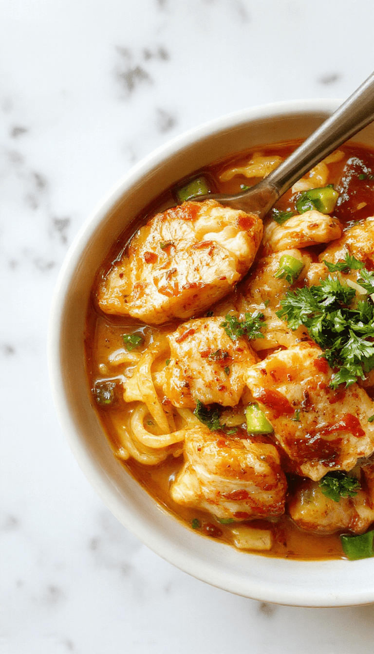 A colorful plate featuring tender sliced chicken and wavy ramen noodles coated in a glossy stir-fry sauce, garnished with chopped green onions and sesame seeds, presented on a rustic wooden table with vibrant vegetables in the background.