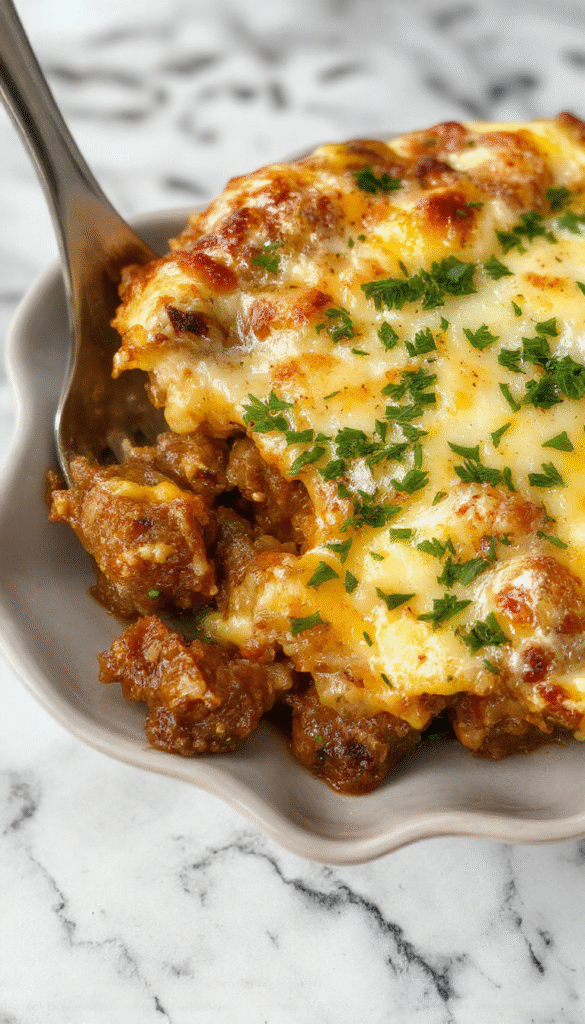 A colorful hobo casserole served in a rustic baking dish featuring layers of seasoned ground beef, sliced potatoes, and melted cheese, garnished with chopped parsley, styled on a wooden table with a spoon and napkin for a homely presentation.