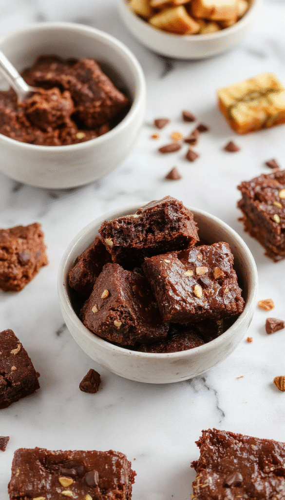 Close-up of rich, fudgy chocolate brownies in a square pan, topped with glossy chocolate glaze and sprinkled with sea salt, styled on a rustic wooden surface with a fork and crumbs around.