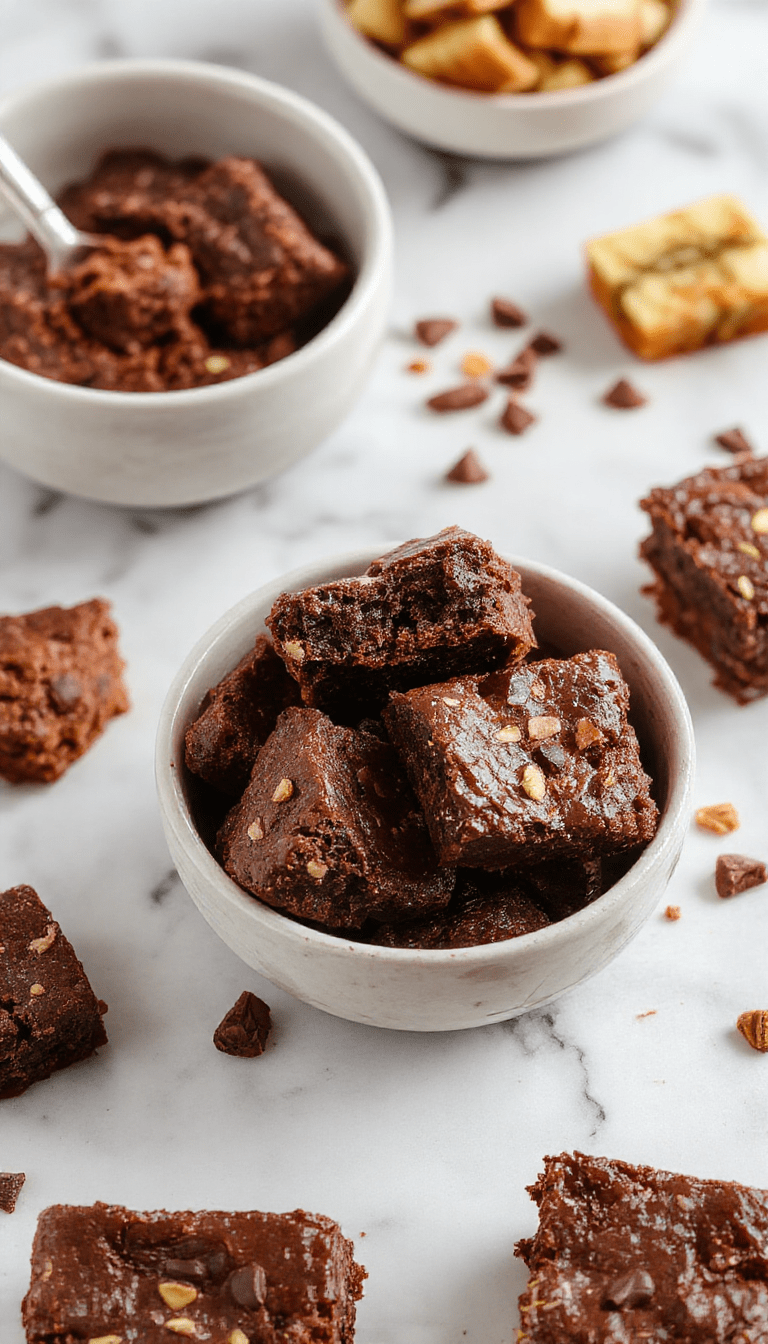 Close-up of rich, fudgy chocolate brownies in a square pan, topped with glossy chocolate glaze and sprinkled with sea salt, styled on a rustic wooden surface with a fork and crumbs around.