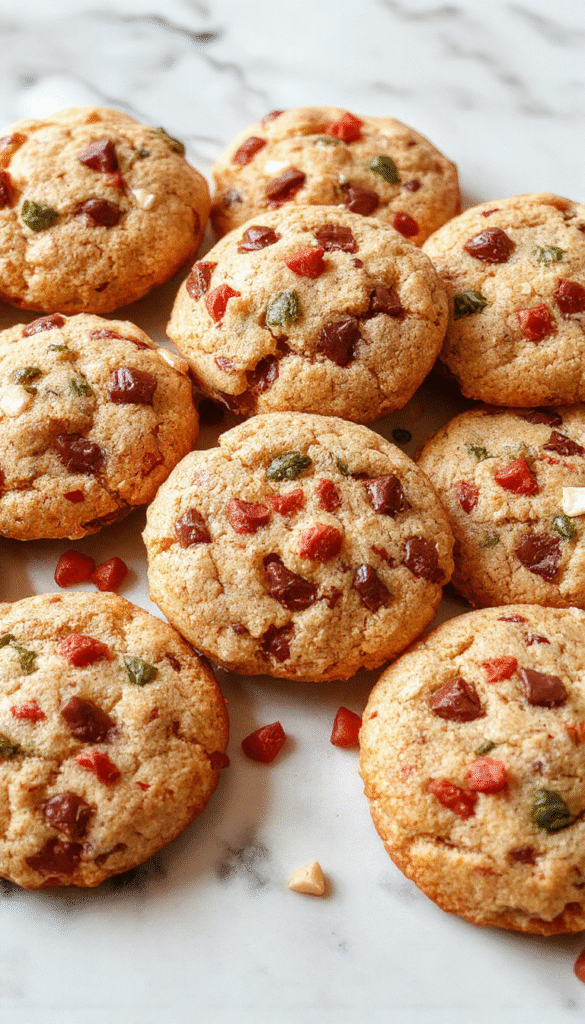 A colorful assortment of holiday cookies arranged on a white platter with festive decorations. The cookies are decorated with vibrant icing, sprinkles, and powdered sugar, showcasing textures from smooth icing to crunchy sprinkles. The scene is bright, cheerful, and inviting, perfect for holiday celebrations.