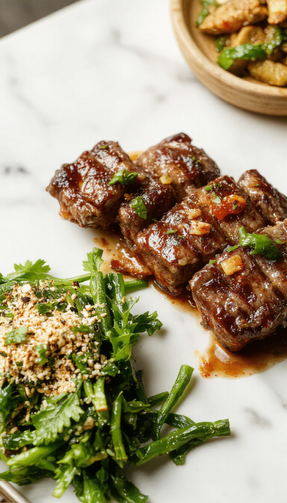 A vibrant plate of pepper steak showcasing tender beef slices coated in a glossy, savory sauce with sliced bell peppers and onions, garnished with fresh herbs, on a rustic wooden table with colorful vegetables and a side of rice.