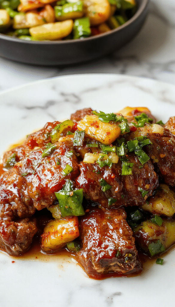 A vibrant plate of beef pepper steak featuring tender slices of beef coated in a glossy savory sauce, surrounded by colorful sliced bell peppers and onions, garnished with chopped green onions on a rustic wooden table