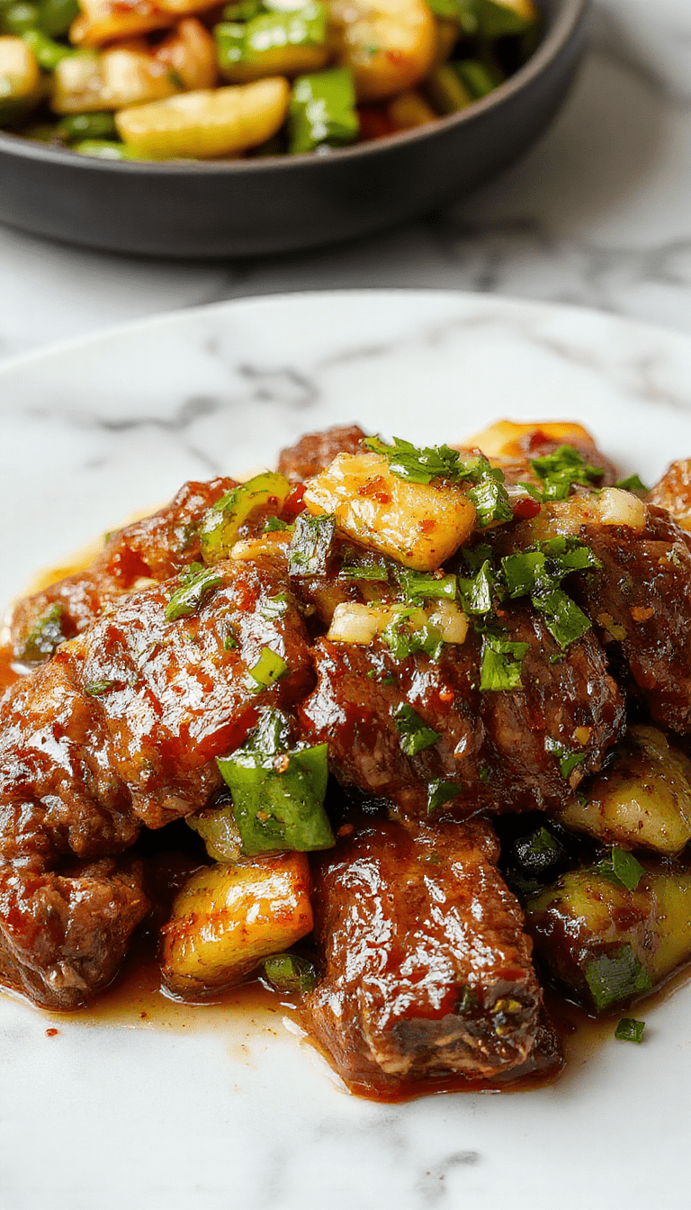 A vibrant plate of beef pepper steak featuring tender slices of beef coated in a glossy savory sauce, surrounded by colorful sliced bell peppers and onions, garnished with chopped green onions on a rustic wooden table