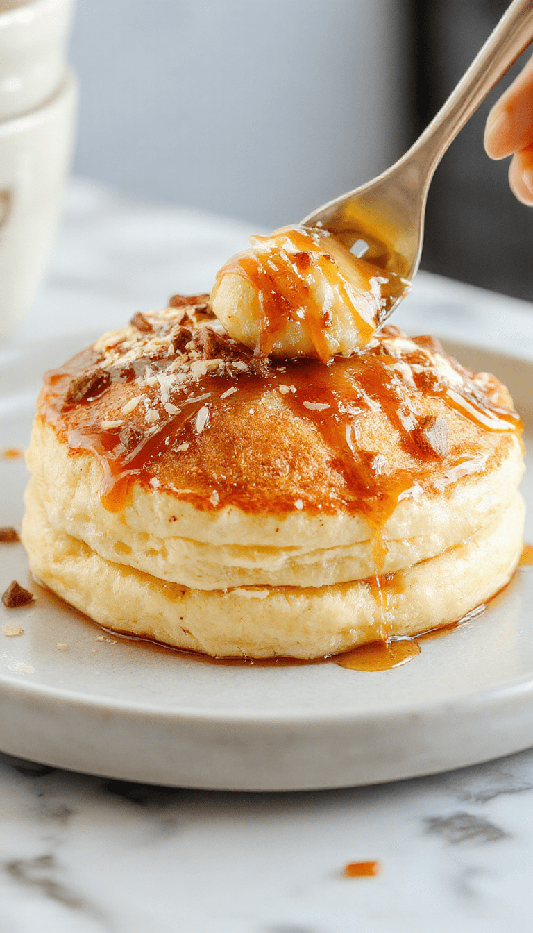 A stack of fluffy Japanese souffle pancakes drizzled with syrup, topped with fresh berries and a dusting of powdered sugar, served on a pastel-colored plate with a golden-brown exterior and soft, airy interior visible.