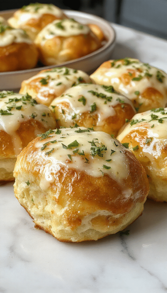 Golden-brown garlic butter bread rolls arranged on a rustic wooden platter, topped with melted butter and minced garlic, with fresh herbs sprinkled on top, looking warm and fluffy, with a soft texture visible inside, styled with a sprig of parsley for garnish.
