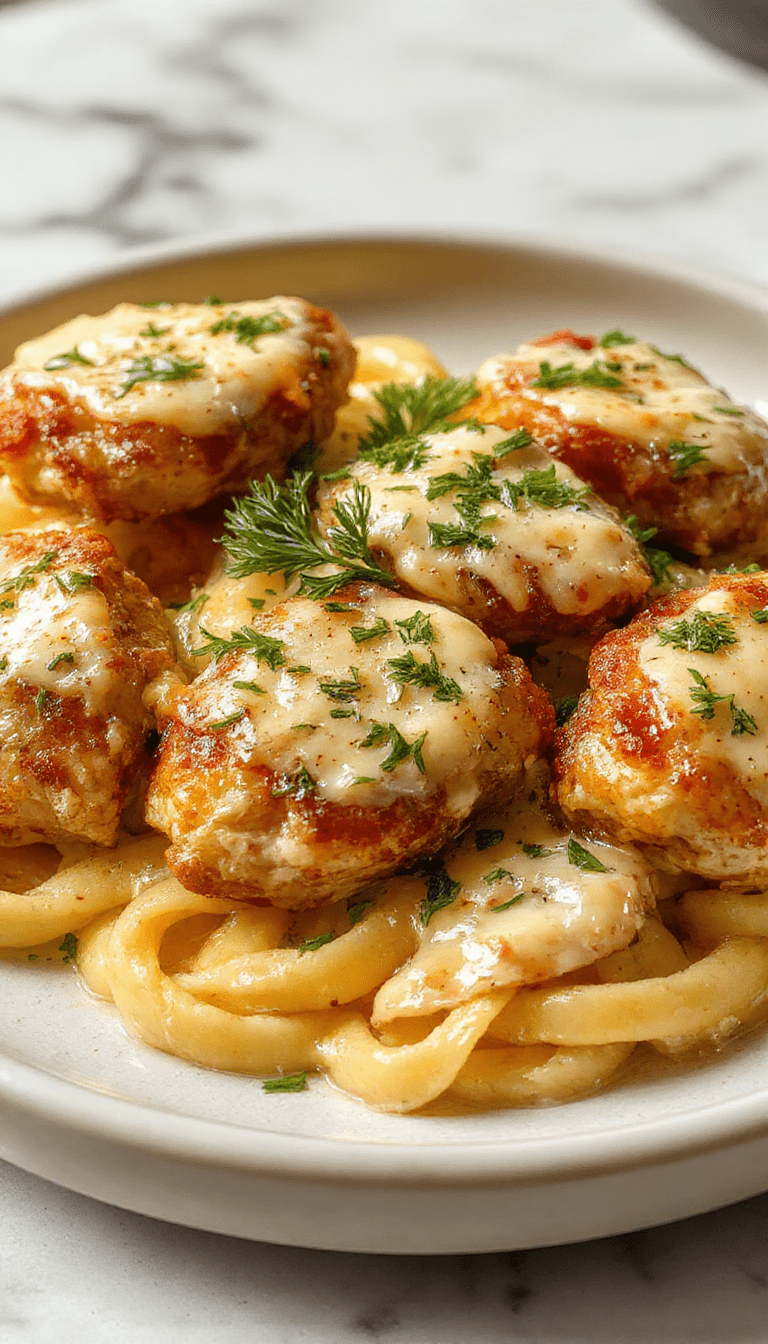 Colorful plate featuring golden-brown garlic butter chicken bites garnished with fresh herbs, paired with a creamy parmesan pasta that has a silky texture, styled with cheese shavings and herbs on a rustic wooden table.