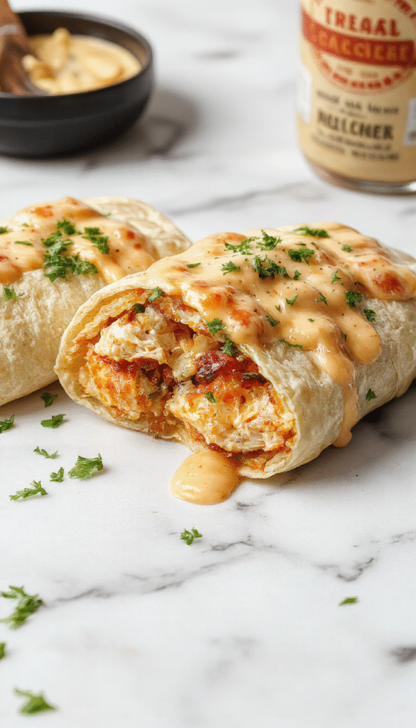 A vibrant plate featuring golden-brown chicken wraps generously filled with melted cheese and fresh herbs, garnished with chopped parsley and served alongside a small bowl of dipping sauce on a rustic wooden table, with a soft focus background highlighting the crispy texture and inviting appearance