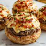 Colorful and appetizing garlic parmesan cheeseburger bombs plated on a rustic wooden board, topped with fresh chopped parsley and melted cheese oozing from the golden-brown buns, accompanied by a side of tangy dipping sauce, with a sprinkle of Parmesan and finely minced garlic on top for garnish.