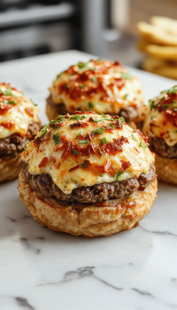 Colorful and appetizing garlic parmesan cheeseburger bombs plated on a rustic wooden board, topped with fresh chopped parsley and melted cheese oozing from the golden-brown buns, accompanied by a side of tangy dipping sauce, with a sprinkle of Parmesan and finely minced garlic on top for garnish.