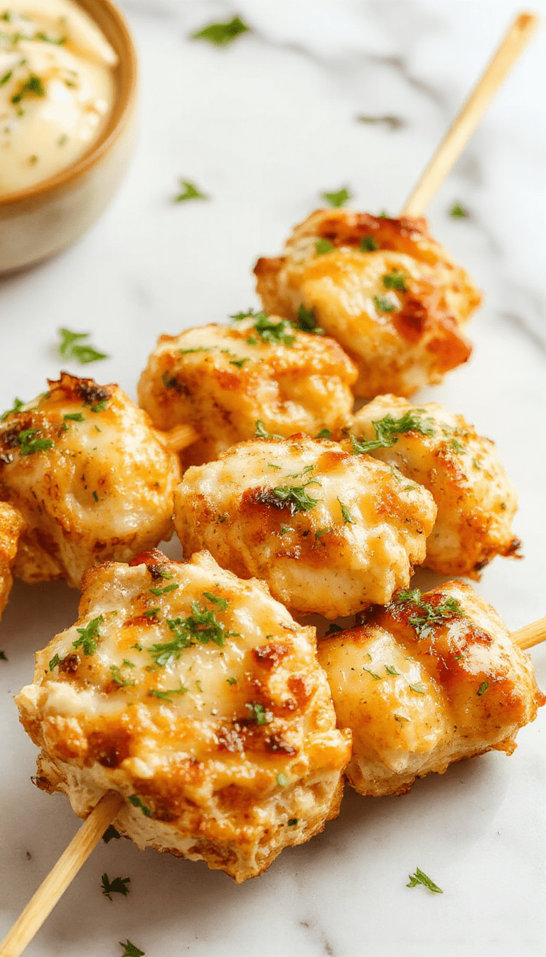 Colorful garlic parmesan chicken skewers on a white plate, garnished with fresh herbs and lemon wedges, showcasing tender grilled chicken with crispy edges and melted cheese, surrounded by a rustic wooden table and vibrant vegetables in the background.