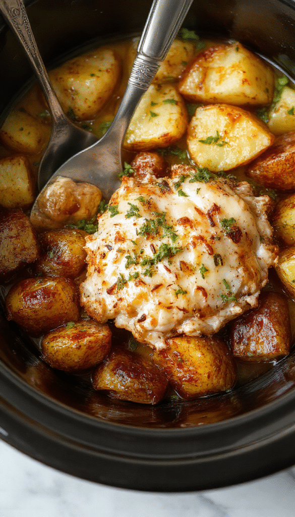 Colorful plated dish featuring tender shredded chicken and golden roasted potatoes garnished with fresh parsley and sprinkled with parmesan cheese, served on a white plate with a rustic wooden background, showcasing a savory, cheesy sauce and crispy edges.