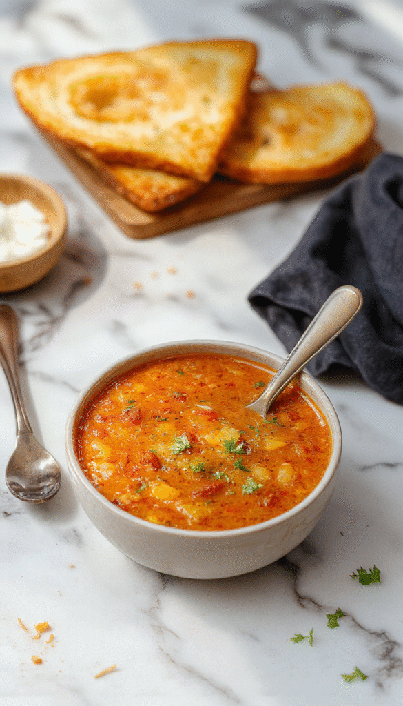Vibrant red lentil soup served in a rustic white bowl, garnished with fresh herbs and a drizzle of olive oil. The soup has a smooth, thick texture with a warm orange-red hue. Surrounding the bowl are scattered lentils and a sprig of parsley, styled on a wooden surface with natural lighting for a cozy, wholesome feel.