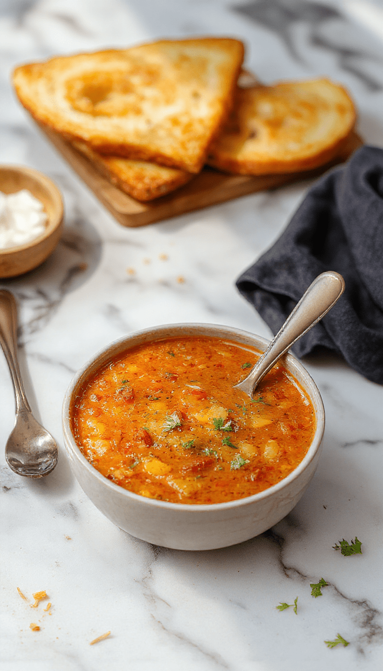 Vibrant red lentil soup served in a rustic white bowl, garnished with fresh herbs and a drizzle of olive oil. The soup has a smooth, thick texture with a warm orange-red hue. Surrounding the bowl are scattered lentils and a sprig of parsley, styled on a wooden surface with natural lighting for a cozy, wholesome feel.