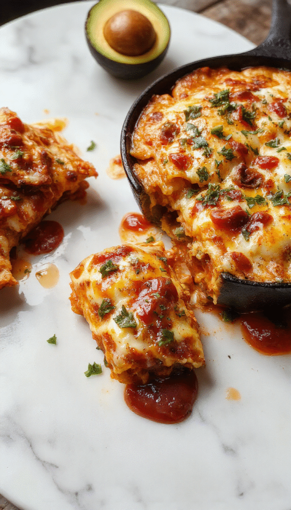 A vibrant skillet dish featuring layers of seasoned chicken and vegetables topped with melted cheese and fresh cilantro, served in a rustic black cast iron pan with colorful sides, showcasing a glossy, appetizing appearance and textured ingredients.
