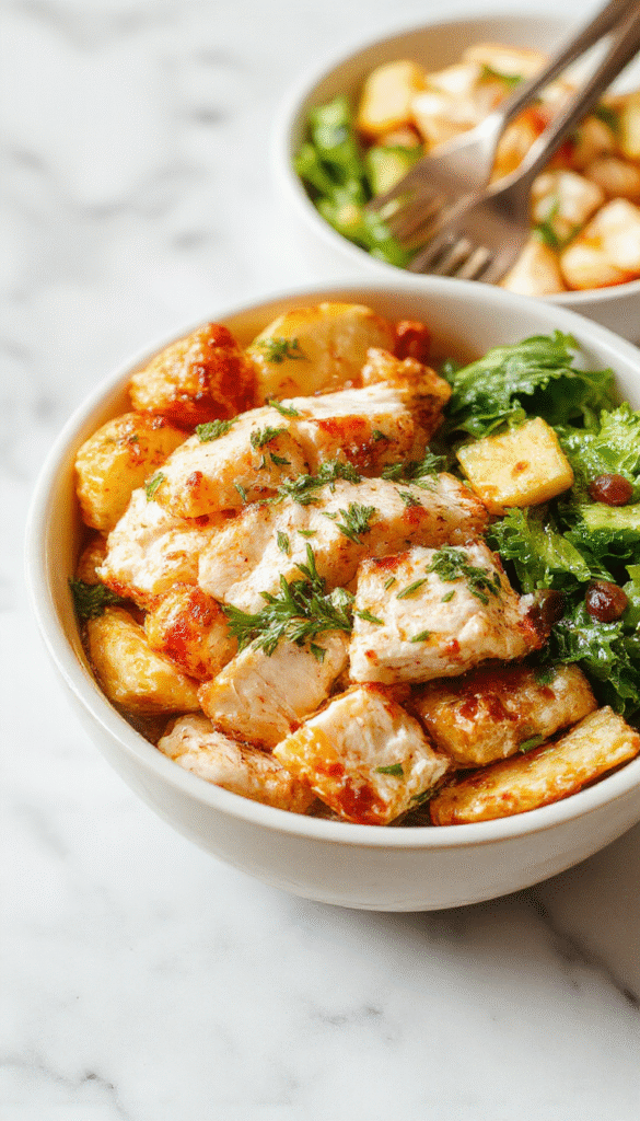 Colorful Greek chicken bowls arranged on a white plate, featuring grilled chicken slices, cherry tomatoes, cucumber slices, red onion, and a creamy tzatziki sauce, garnished with fresh herbs, on a rustic wooden table with a light background.