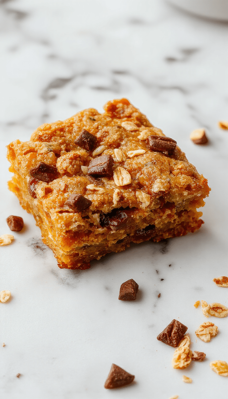 A close-up of a warm, golden-brown pumpkin baked oatmeal served in a rustic white dish, topped with a sprinkle of cinnamon and chopped nuts, with a spoon beside it. The background features a cozy kitchen setting with autumn-themed accents, emphasizing comfort and seasonal flavors.