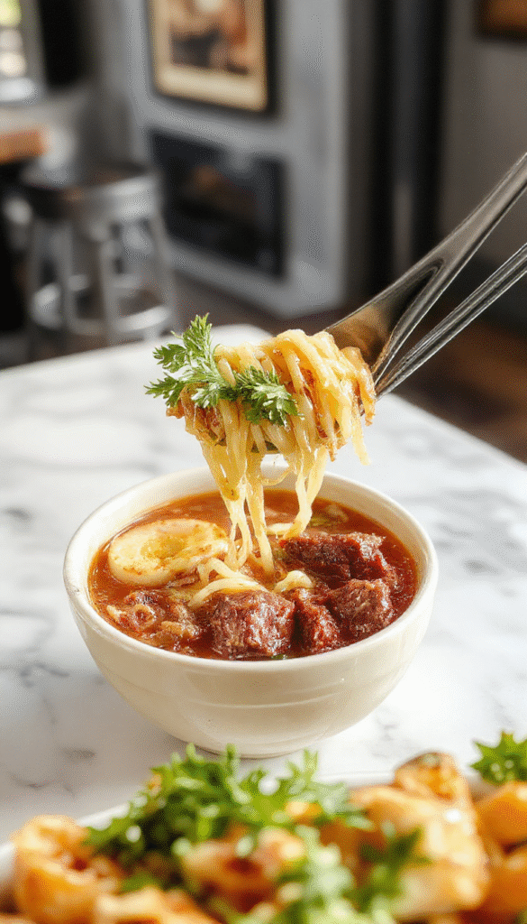 A vibrant bowl of beef noodle soup featuring tender beef slices, thick noodles, sliced green onions, and herbs in a steaming, savory broth placed on a rustic wooden table with fresh ingredients around.